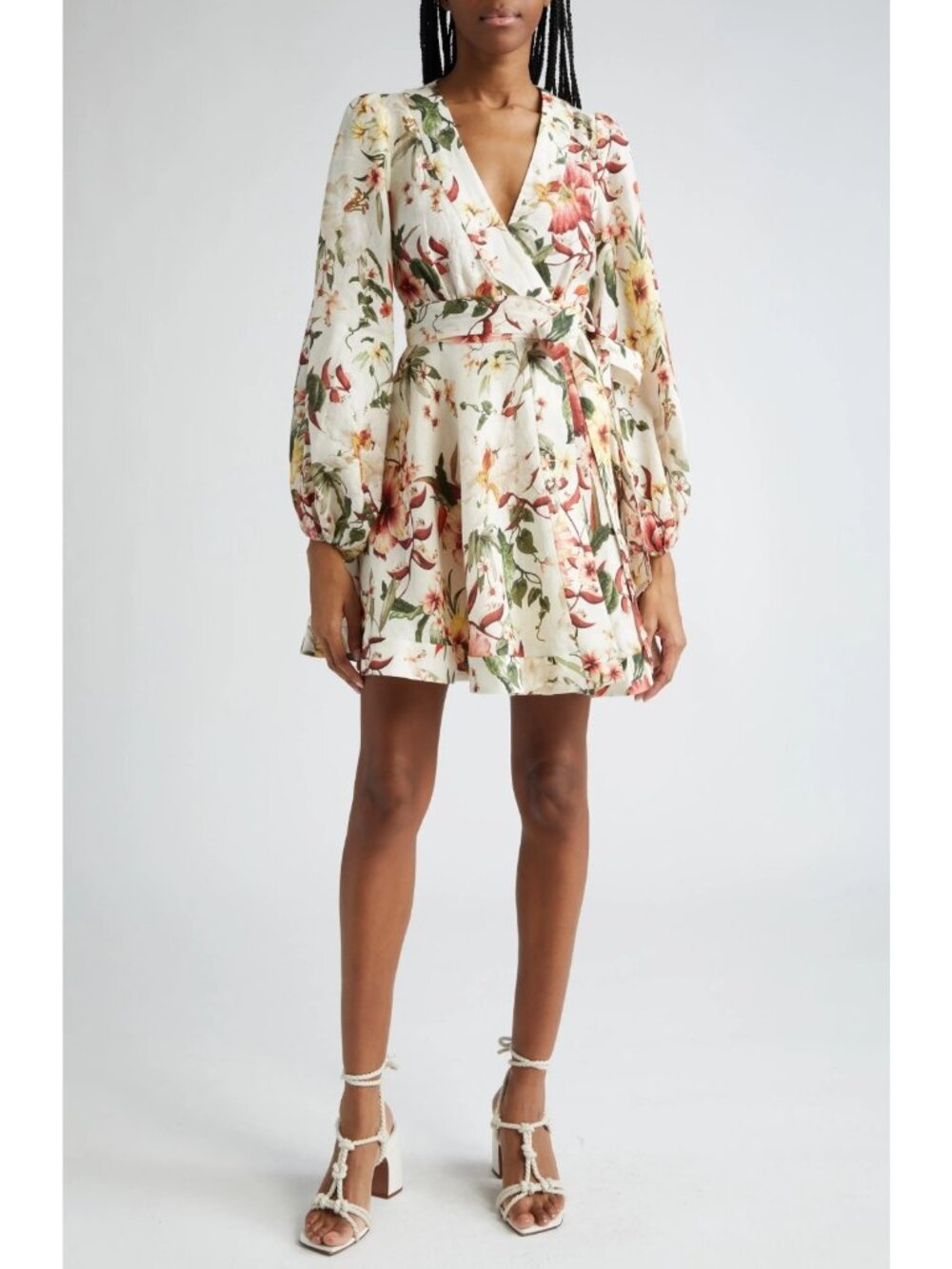 Zimmermann Lexi Floral Long Sleeve Linen Wrap Dress Ivory Palm Sz 4 US 12